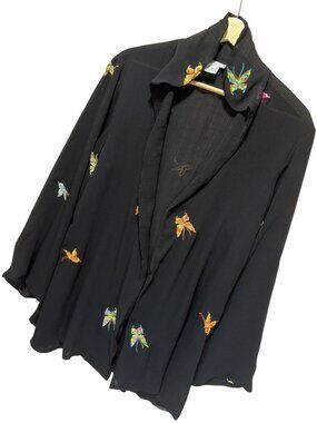 Grace Chuang New York Vintage Sheer Black Silk Embroidered Butterfly Kimono Styl